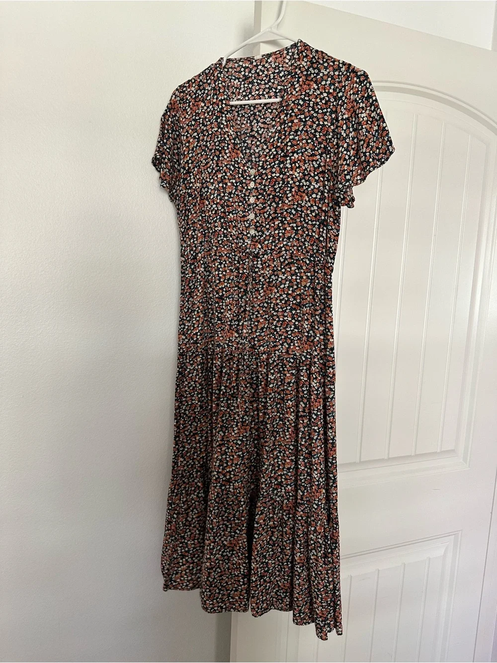 Vintage Floral Print Women's dress in Navy with Coral and White Flowers